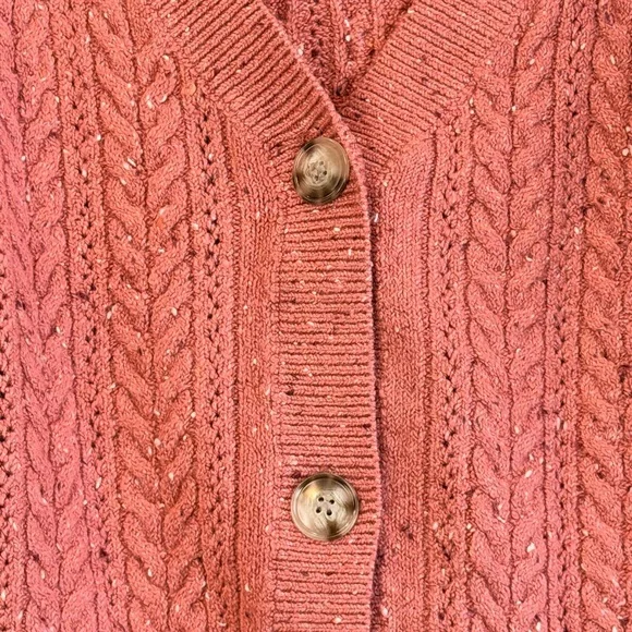 LOFT Puff Sleeve Cable Knit Cardigan XL Rose Tweed Coquette Cozy - Picture 3 of 4